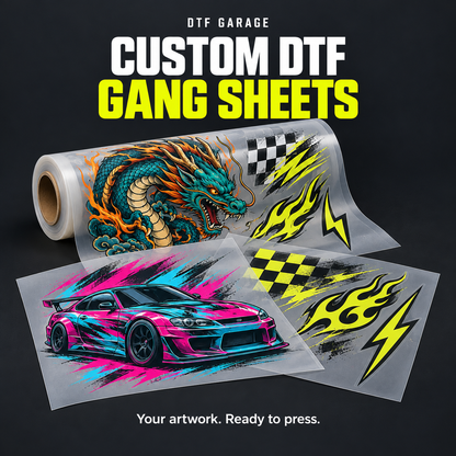 DTF transfer roll and gang sheets featuring colourful dragon, sports car and racing designs.