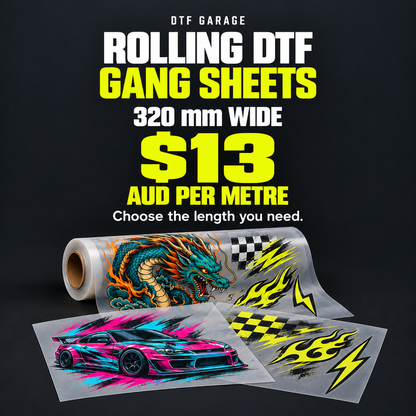 Rolling DTF gang sheets, 320 mm wide, at $13 AUD per metre. Choose the length you need.