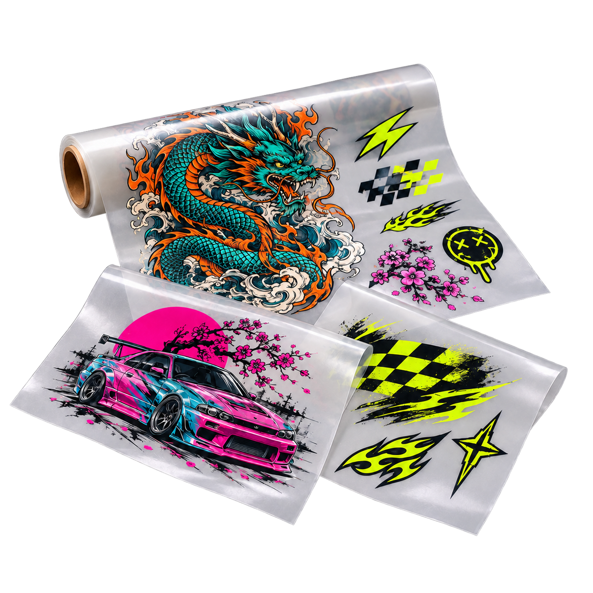 DTF transfer film featuring colourful dragon, sports car and racing designs.